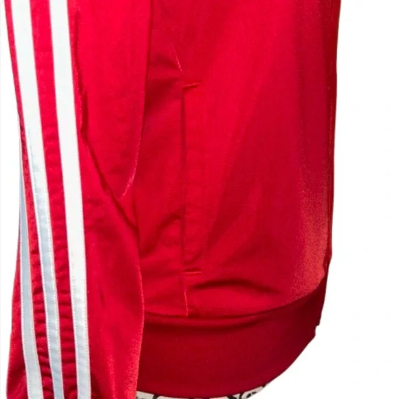 Adidas Women’s Small Zip-Front Red Essentials 3-Stripe Tricot Track Jacket - Picture 9 of 15